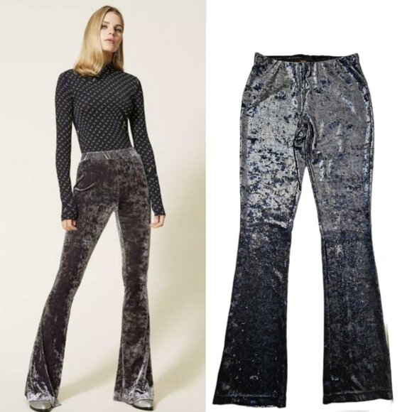 MAJE Galop Velvet Flare Pants Sz M Stretch Metallic Navy Bootcut - Picture 1 of 5